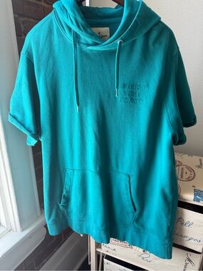 American Eagle Teal Embroidered Logo Short-Sleeve Hoodie